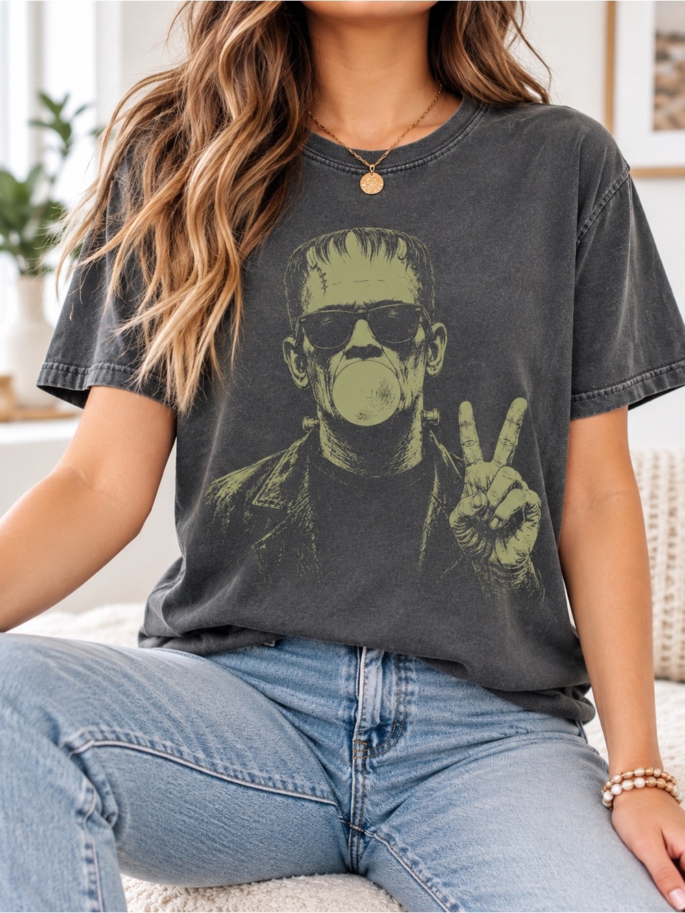 Frankenstein Shirt Bubblegum Sunglasses Peace Sign Comfort Colors Pepper Tee
